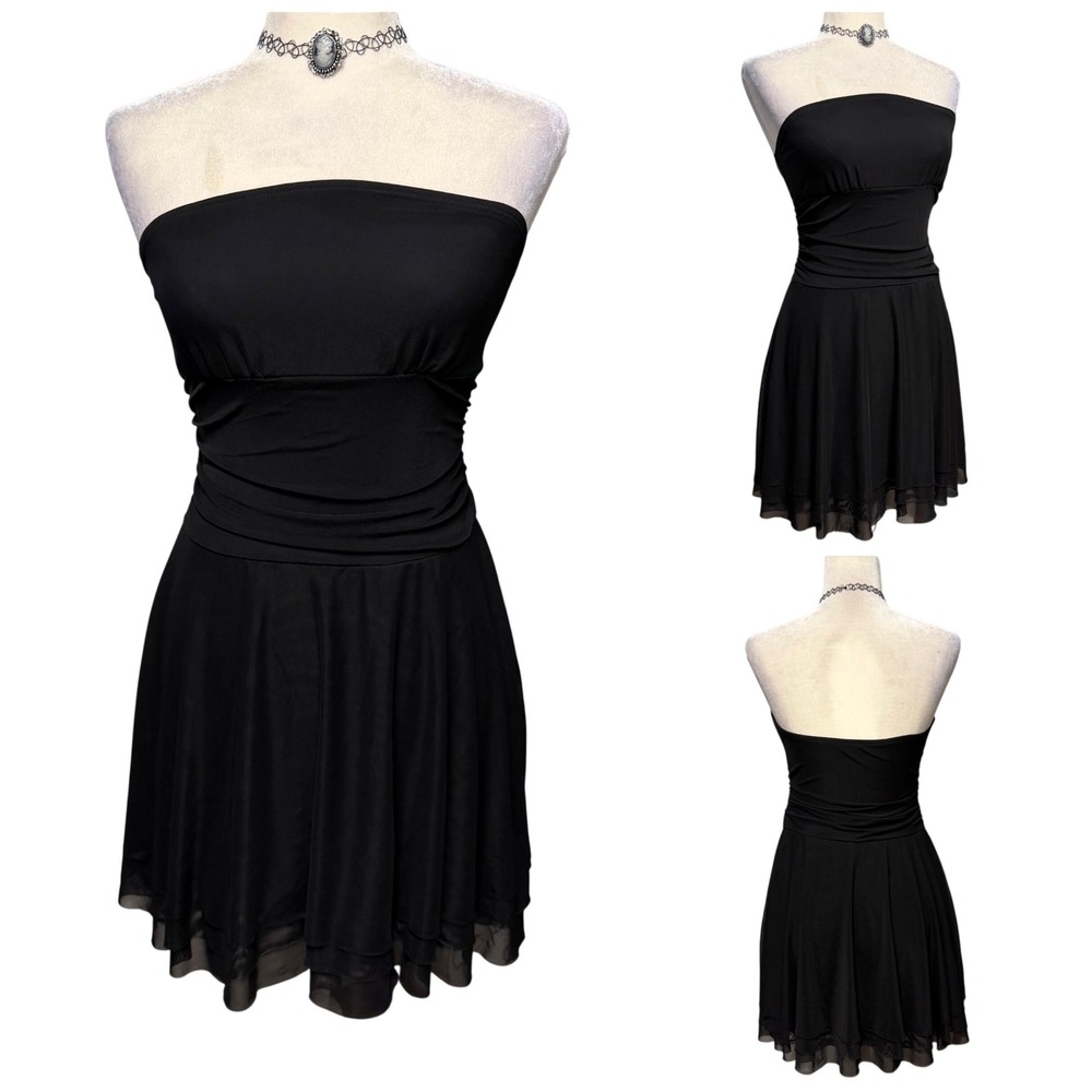 Womens M Tube Mini‎ Dress Black Strapless Ruched Layered LBD Whimsigoth Ethereal